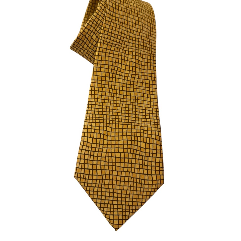 Authentic Hermes Tie 7679 TA. Mosaic Grid-Like Pattern Gold & Brown Tile Effect